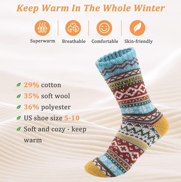 5 Pairs Women's Wool Socks for Fall Winter Knit Cozy Crew Socks  - Picture 2 of 6